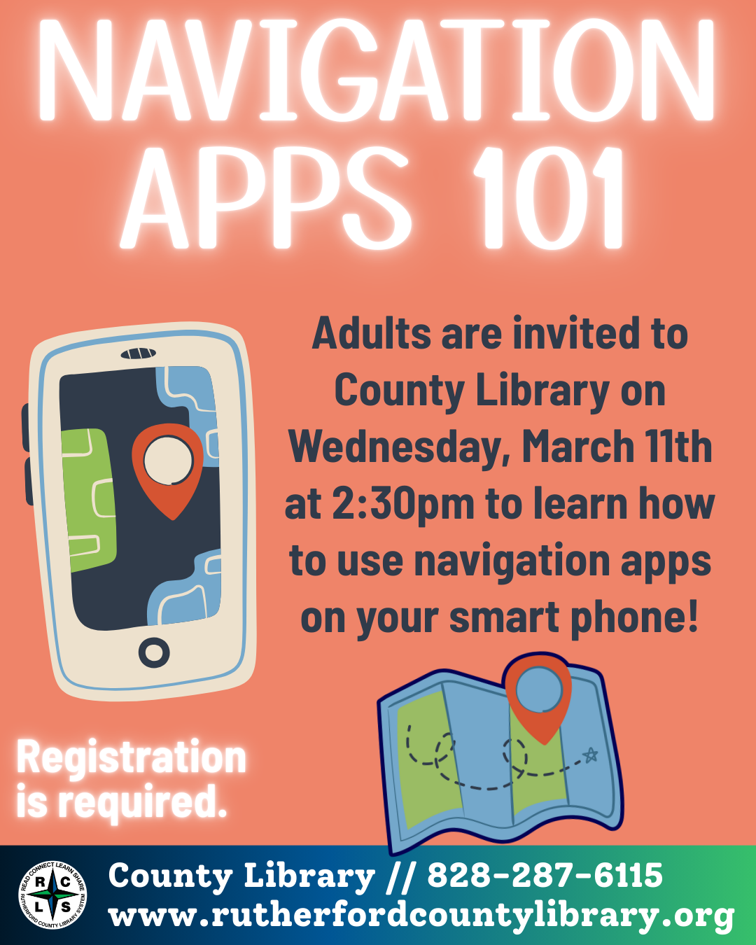 This is a flyer for the program. The image depicts an illustration of a smart phone with a navigation app on the screen as well as an unfolded paper map.